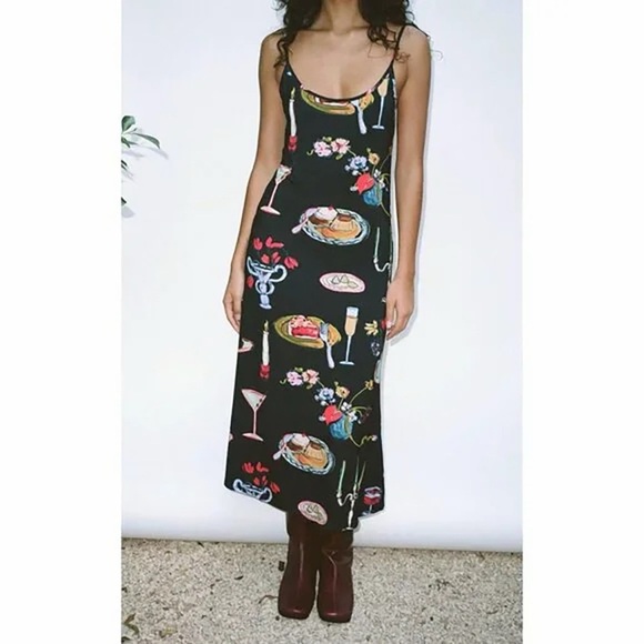 Lisa Says Gah Dresses & Skirts - Lisa Says Gah Caviar Set The Table Sofia Slip Dress Food Print Black Candle M